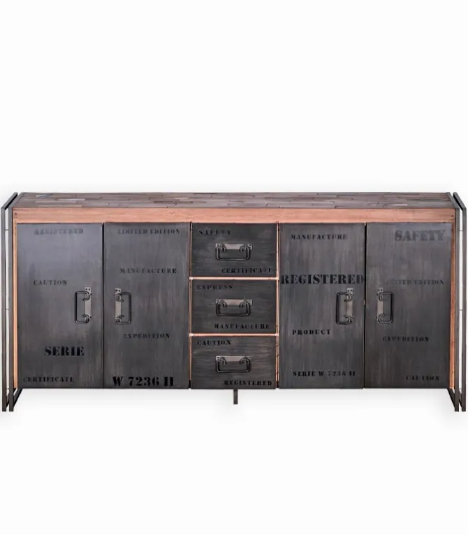 Bahut bois de bateau & métal 4 portes SAMBA