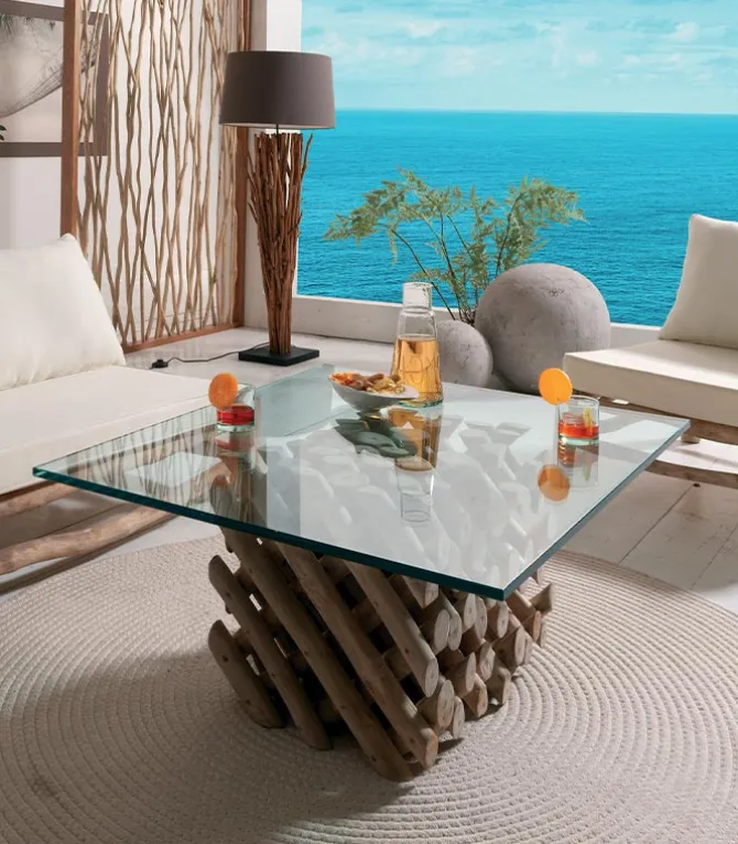 Table basse teck LAGOS plateau en verre carré