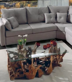 Table basse teck racine ROOTS avec plateau de verre