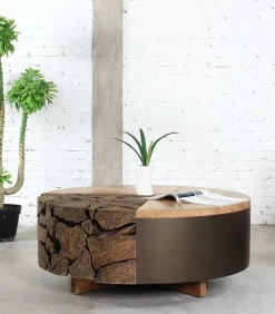 Table basse teck recyclé Ø 80 cm RAJA
