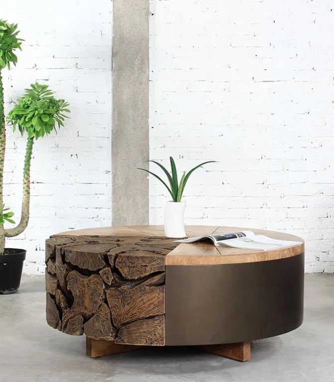 Table basse teck recyclé Ø 80 cm RAJA